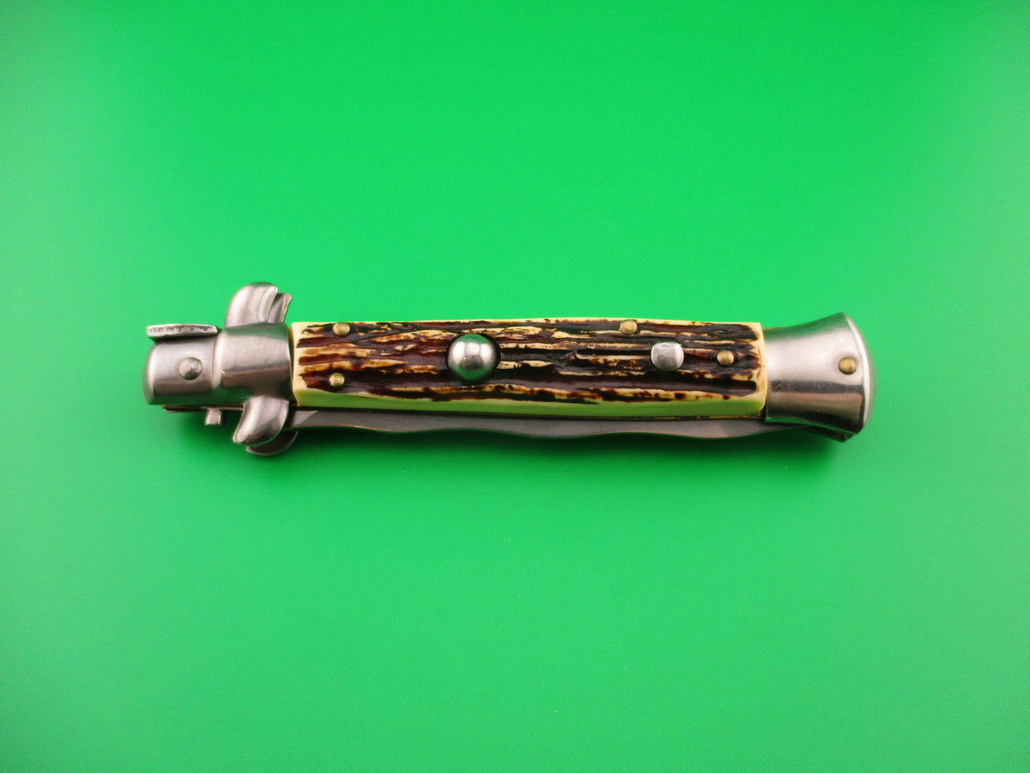 ITALY STAINLESS 23cm Italian Swivel bolster Faux Stag KRIS automatic knife
