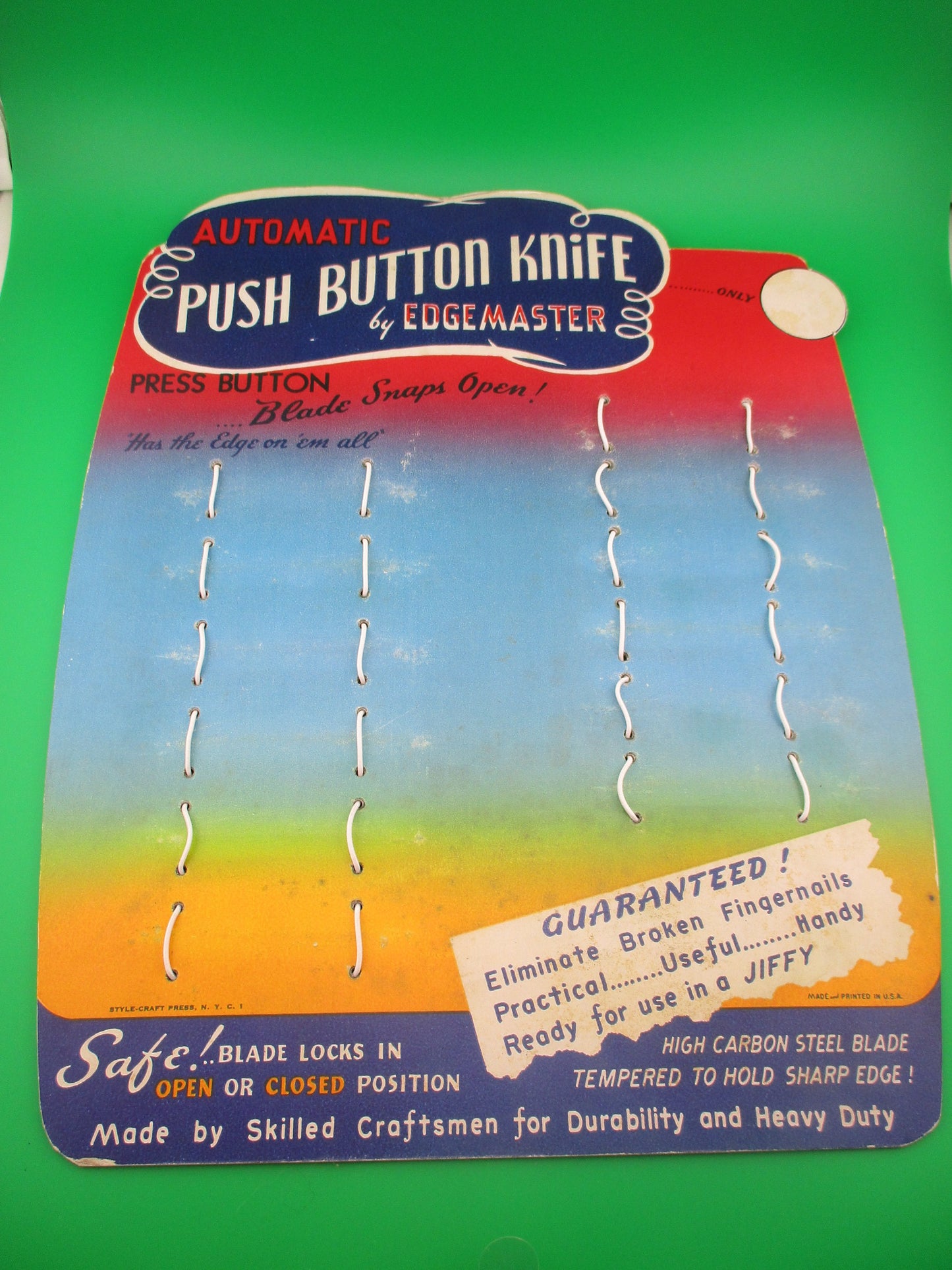 Edgemaster PUSH BUTTON KNIFE 1950s switchblade display board reproduction blue