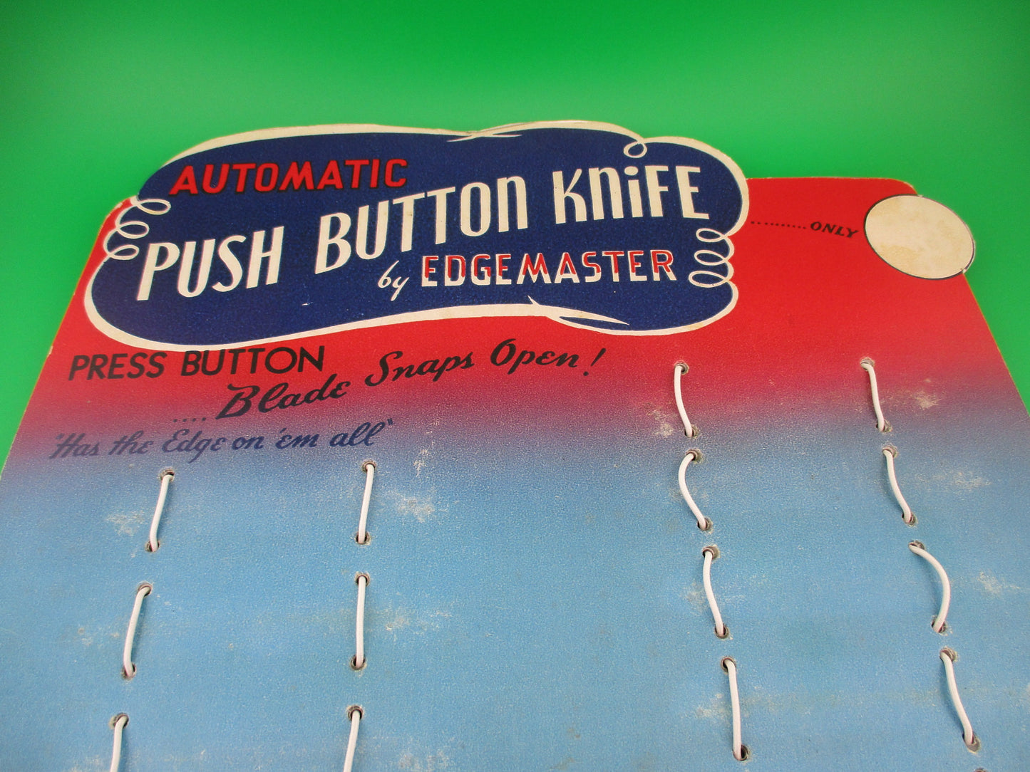 Edgemaster PUSH BUTTON KNIFE 1950s switchblade display board reproduction blue
