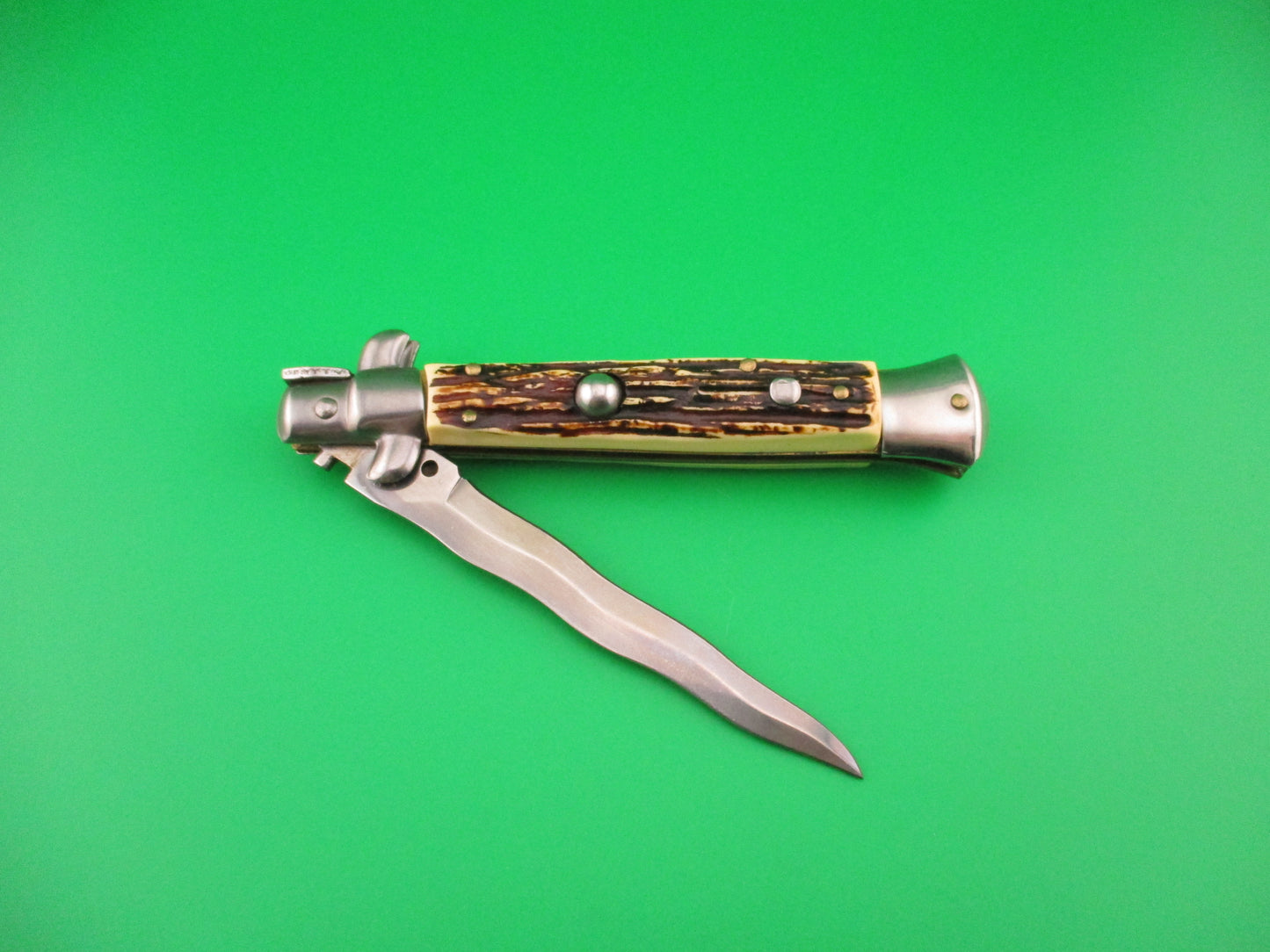 ITALY STAINLESS 23cm Italian Swivel bolster Faux Stag KRIS automatic knife