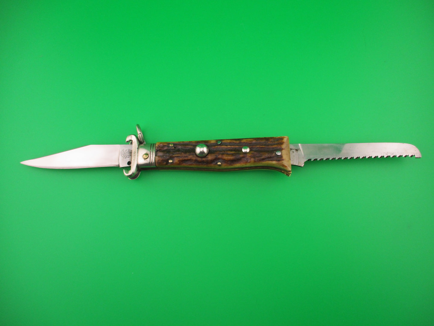 LEPRE INOX 19cm Italian Ring pull 2 Blade Shell Puller Stag automatic knife Rabbit stamp