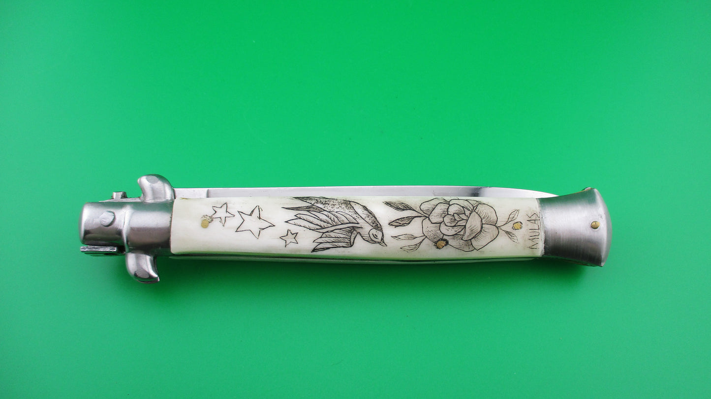 Italian 28cm Swivel bolster Scrimshaw Bird Stars Rose automatic knife OSK MULAS