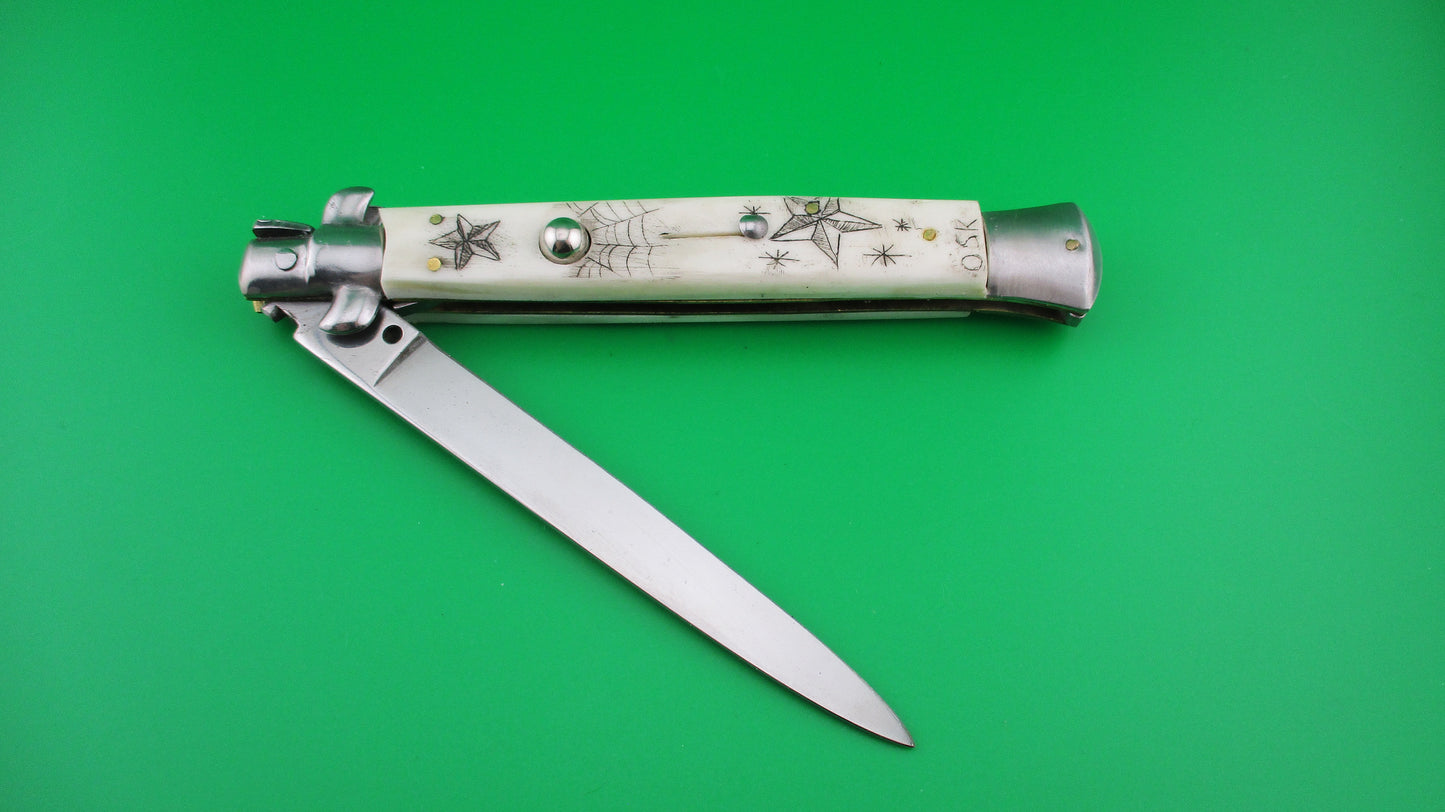 Italian 28cm Swivel bolster Scrimshaw Bird Stars Rose automatic knife OSK MULAS