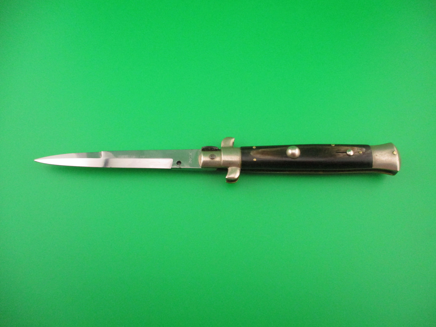 INOX 23cm Italian Picklock Bayonet blade Horn vintage 1950s automatic knife