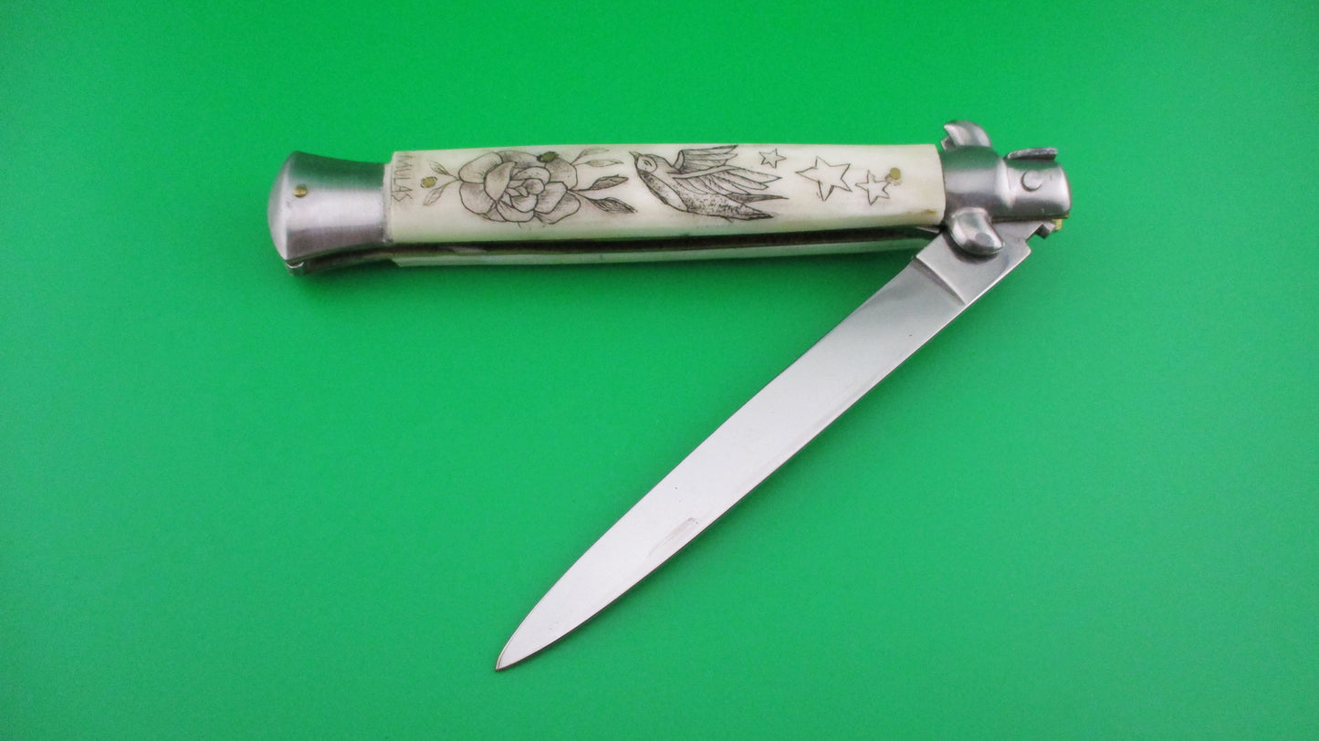 Italian 28cm Swivel bolster Scrimshaw Bird Stars Rose automatic knife OSK MULAS