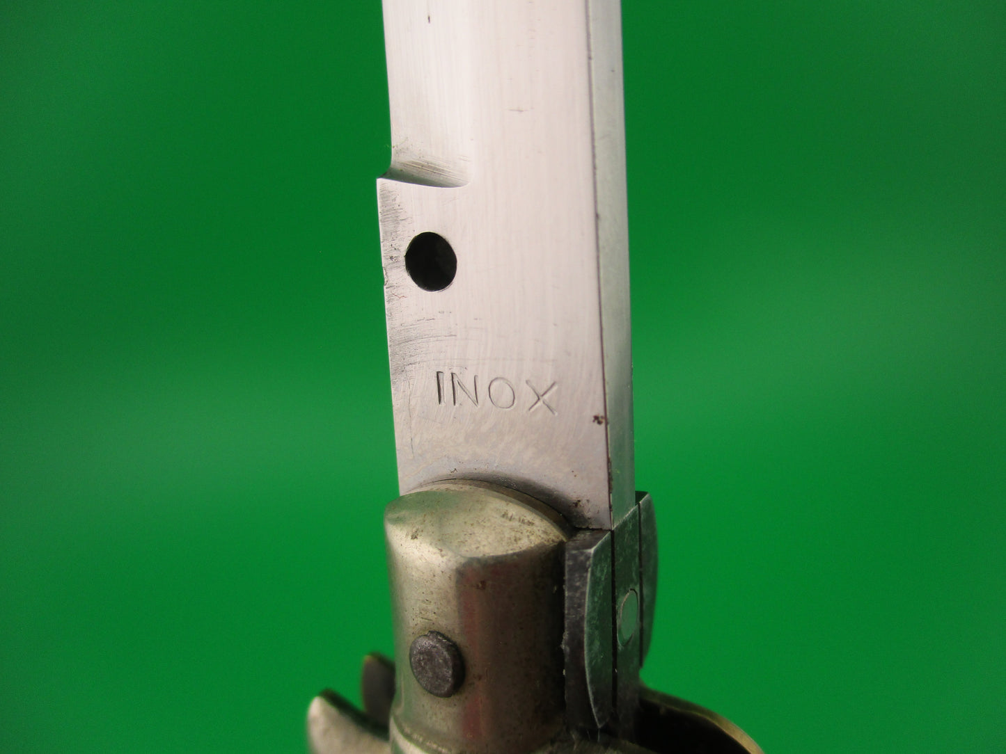 INOX 23cm Italian Picklock Bayonet blade Horn vintage 1950s automatic knife