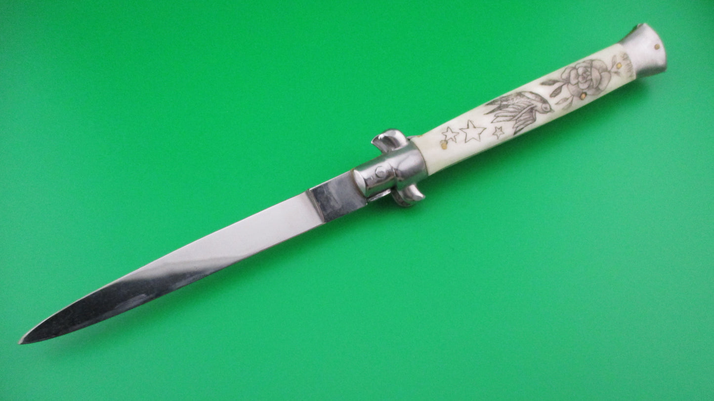 Italian 28cm Swivel bolster Scrimshaw Bird Stars Rose automatic knife OSK MULAS