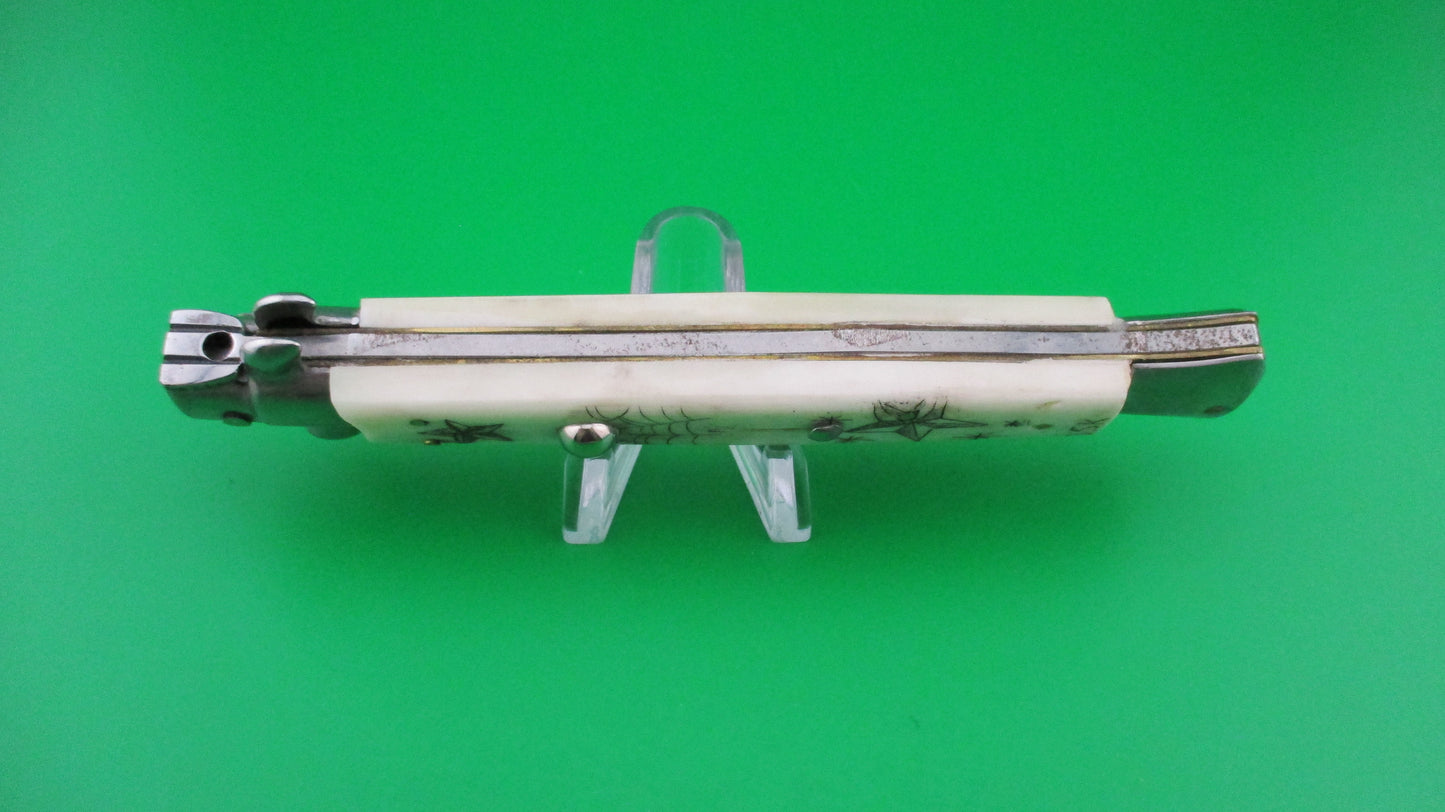 Italian 28cm Swivel bolster Scrimshaw Bird Stars Rose automatic knife OSK MULAS