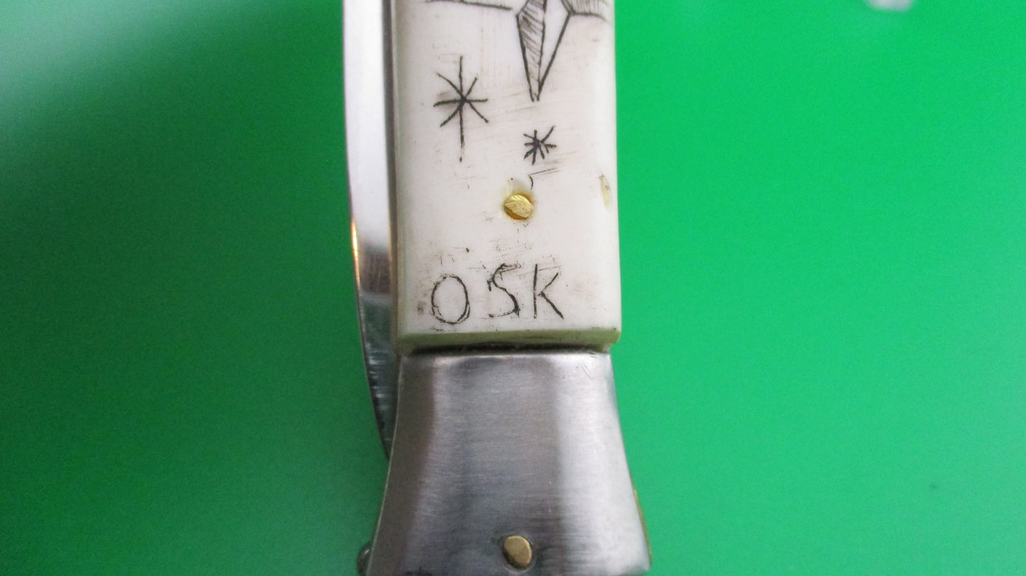 Italian 28cm Swivel bolster Scrimshaw Bird Stars Rose automatic knife OSK MULAS