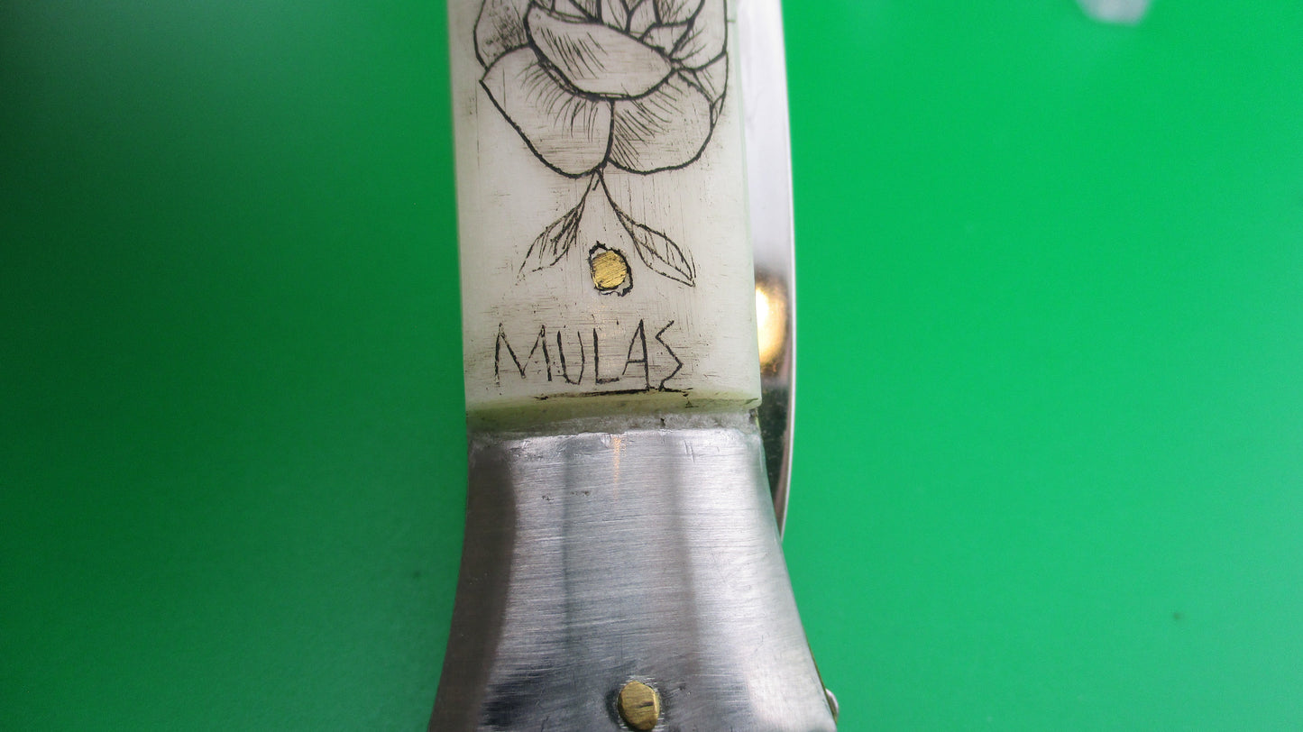 Italian 28cm Swivel bolster Scrimshaw Bird Stars Rose automatic knife OSK MULAS