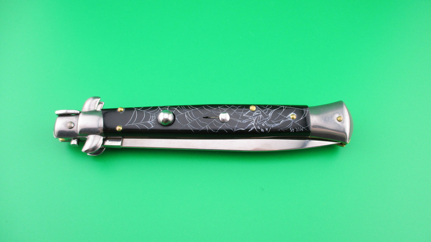 z FRANK B 28cm Italian Stiletto 2.0 Scrimshaw Black Skull Spider webs switchblade
