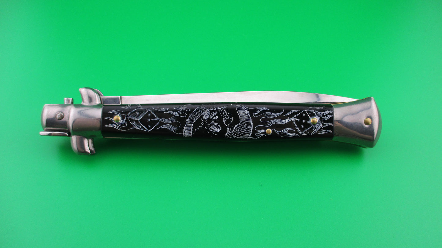 z FRANK B 28cm Italian Stiletto 2.0 Scrimshaw Black Skull Spider webs switchblade