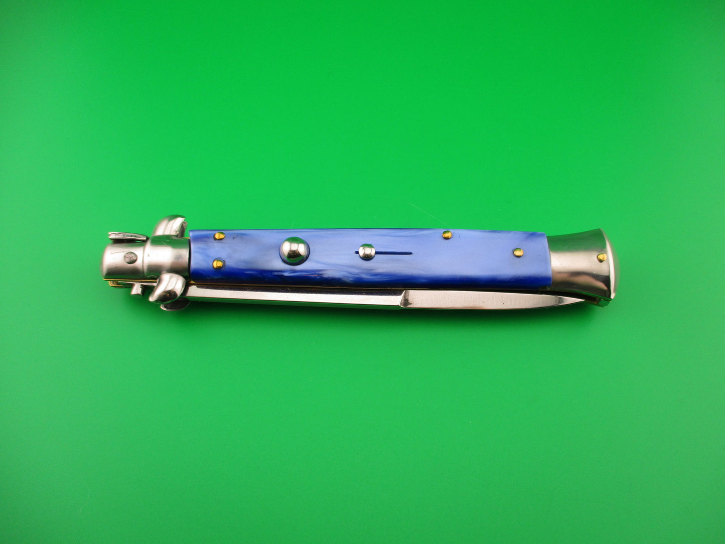 B Rostfrei 28cm Italian Stiletto swivel bolster Blue acrylic automatic knife