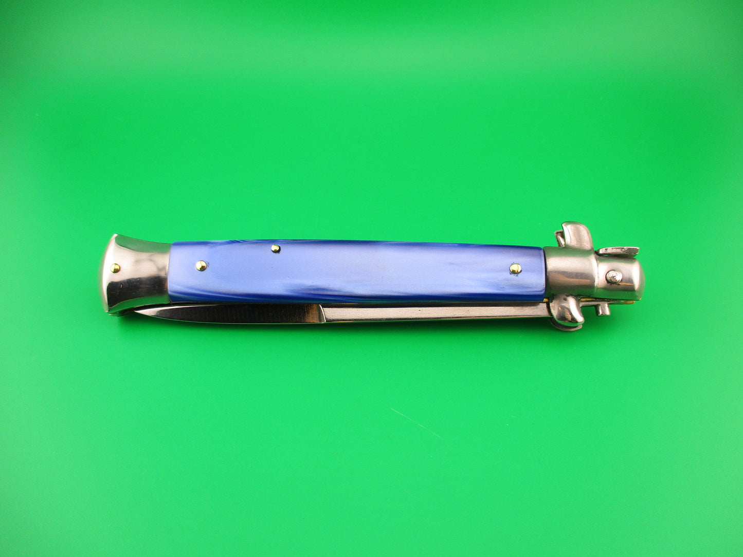 B Rostfrei 28cm Italian Stiletto swivel bolster Blue acrylic automatic knife