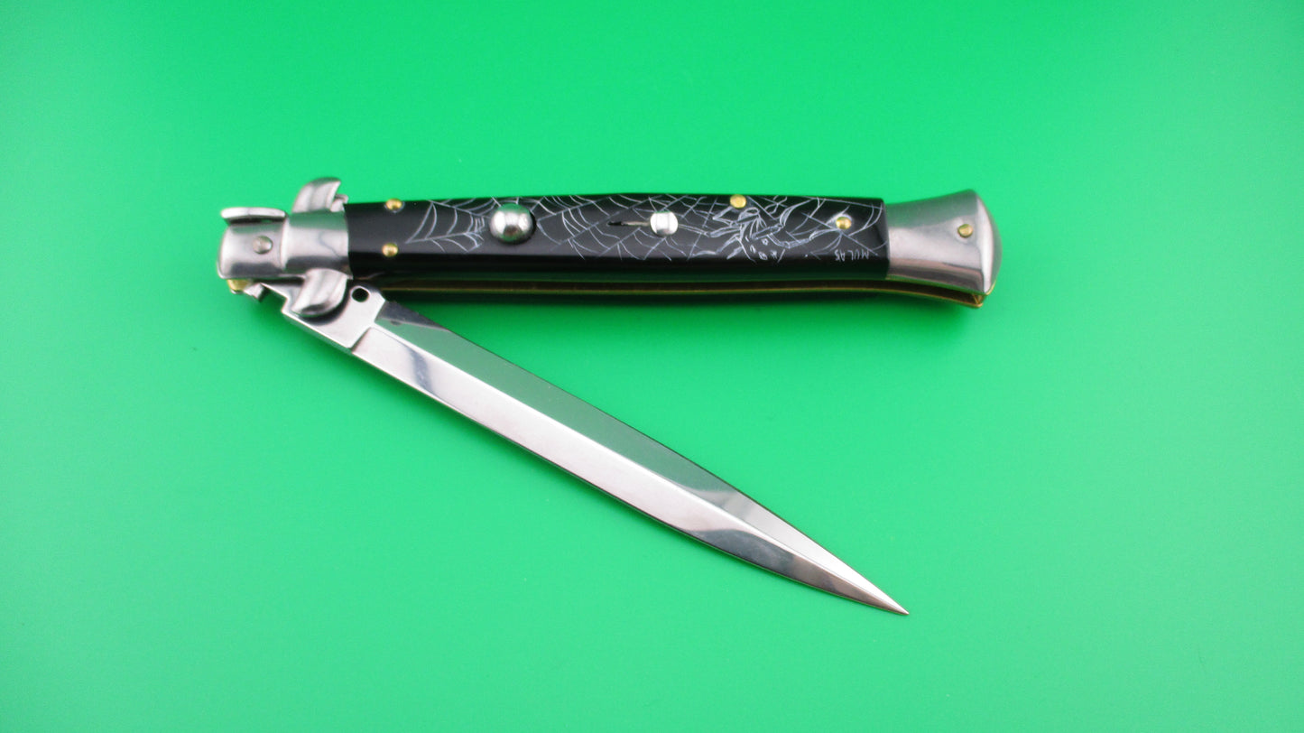 z FRANK B 28cm Italian Stiletto 2.0 Scrimshaw Black Skull Spider webs switchblade