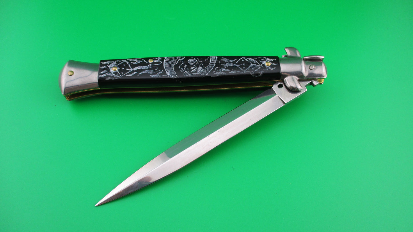 z FRANK B 28cm Italian Stiletto 2.0 Scrimshaw Black Skull Spider webs switchblade
