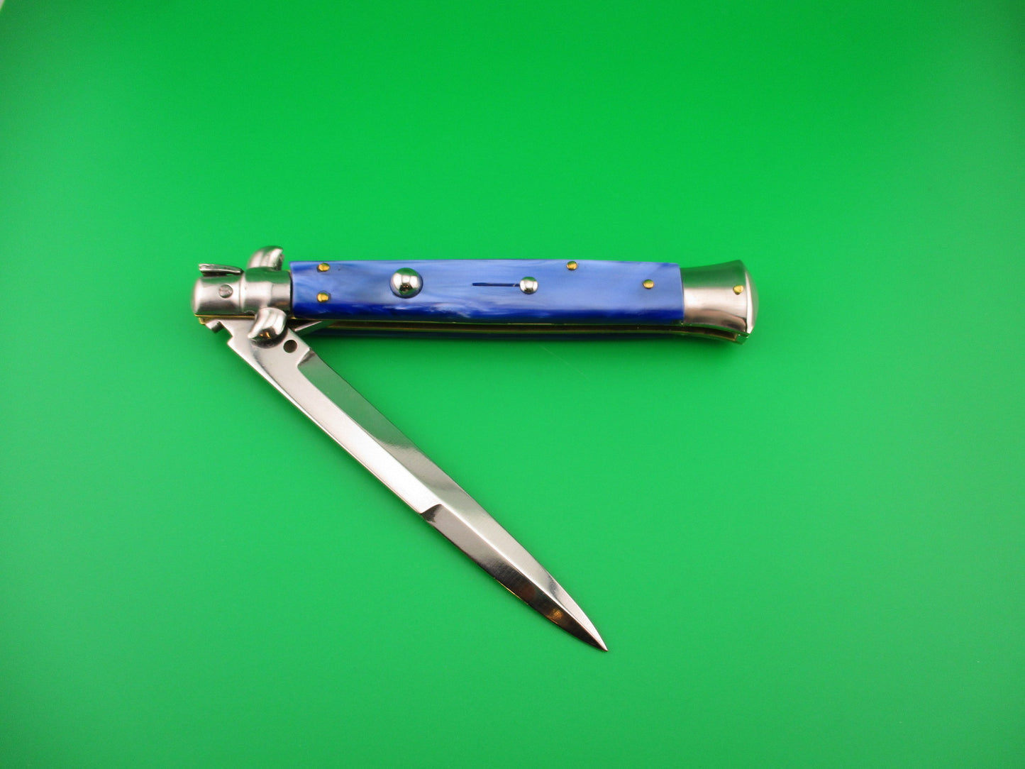 B Rostfrei 28cm Italian Stiletto swivel bolster Blue acrylic automatic knife