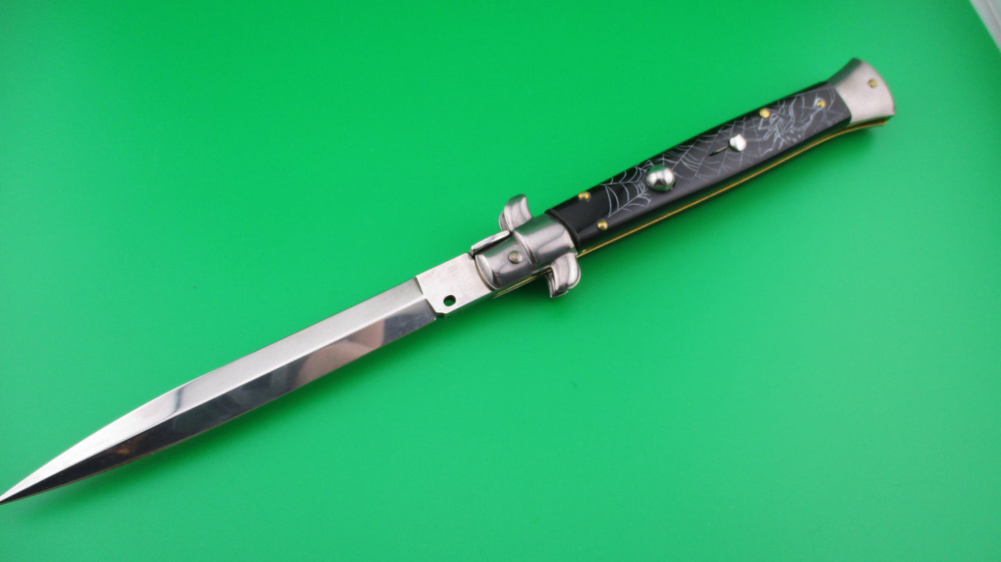 z FRANK B 28cm Italian Stiletto 2.0 Scrimshaw Black Skull Spider webs switchblade