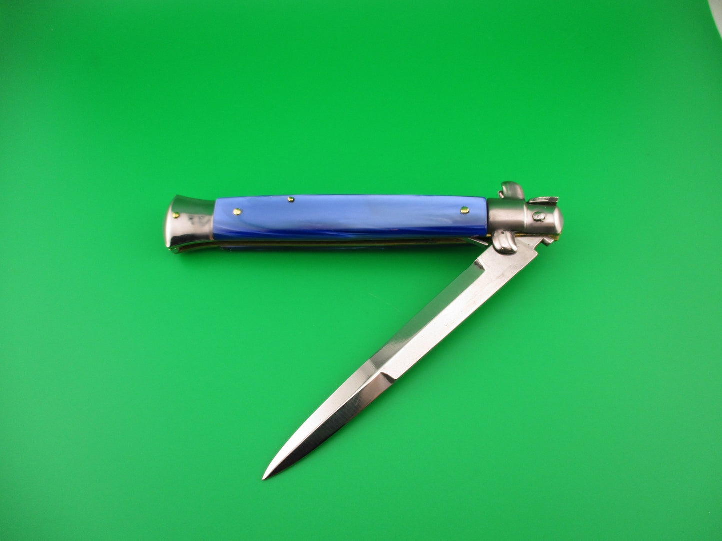 B Rostfrei 28cm Italian Stiletto swivel bolster Blue acrylic automatic knife