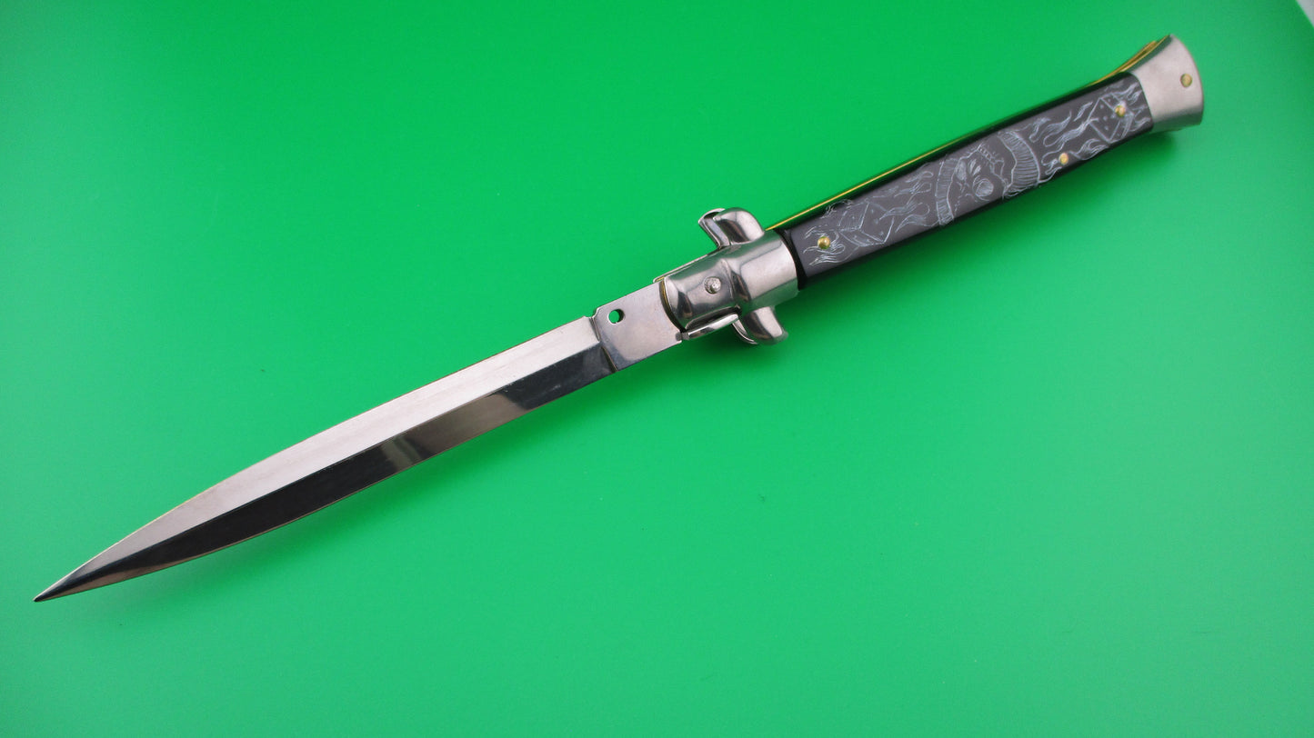 z FRANK B 28cm Italian Stiletto 2.0 Scrimshaw Black Skull Spider webs switchblade