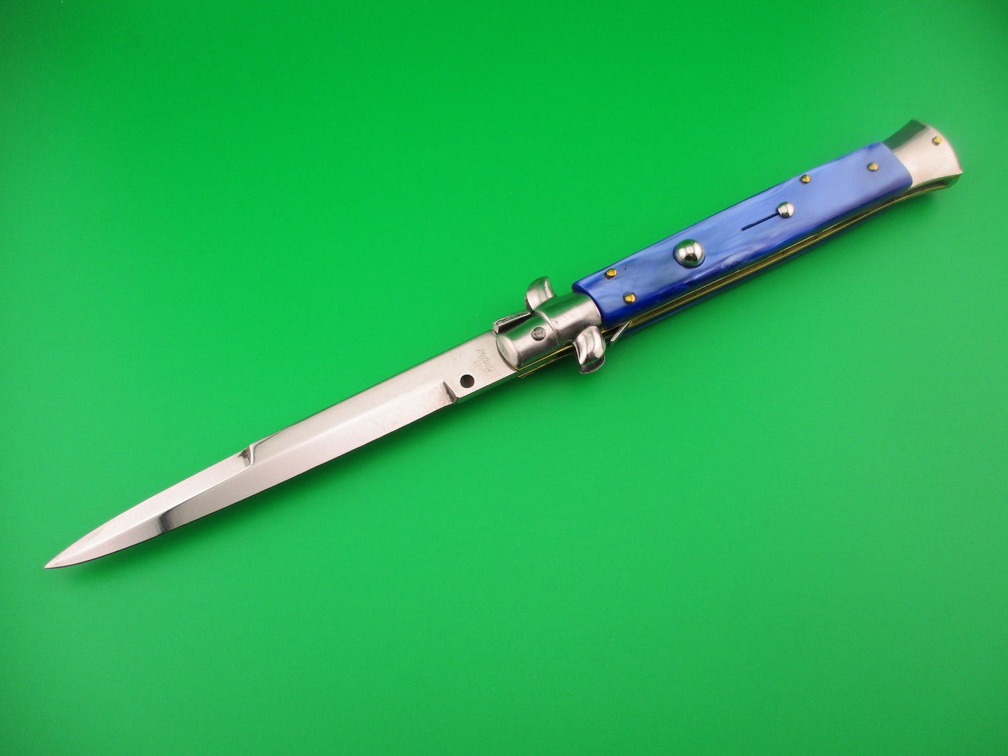 B Rostfrei 28cm Italian Stiletto swivel bolster Blue acrylic automatic knife