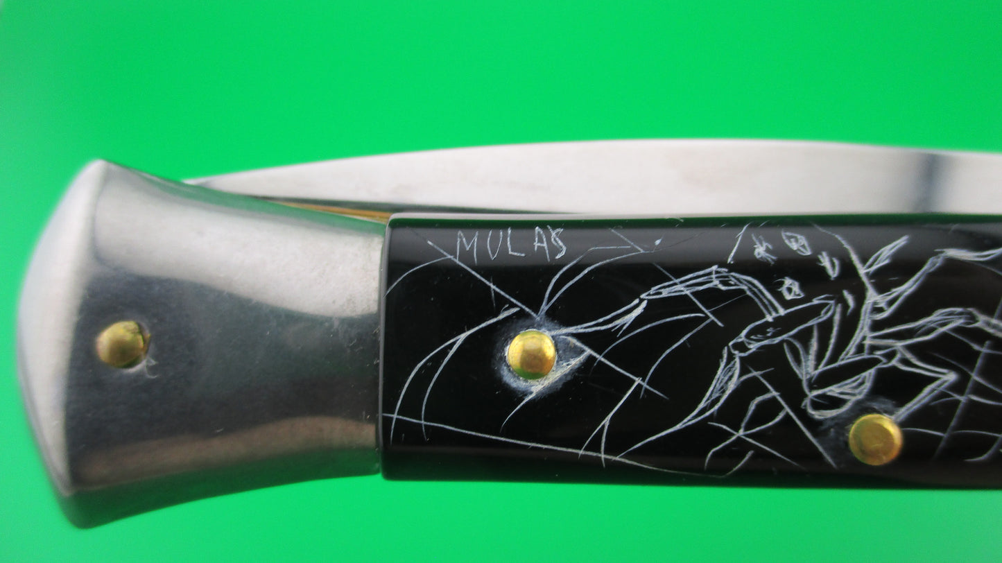 z FRANK B 28cm Italian Stiletto 2.0 Scrimshaw Black Skull Spider webs switchblade