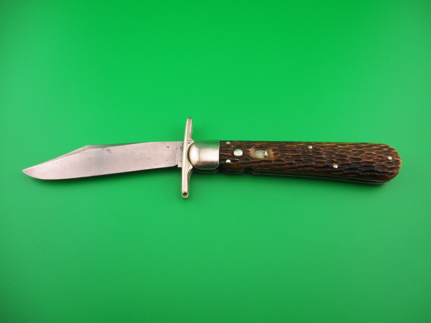Schrade Cut Co Hunters Pride # G1543 3/4 bone ETCHED Folding guard switchblade knife