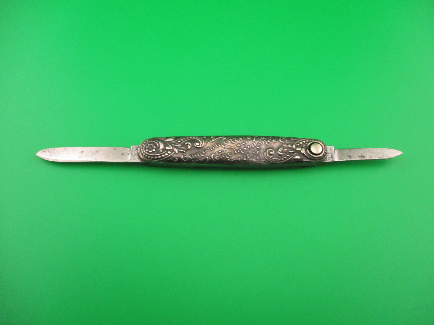 Press Button Knife Co Medium double Sterling Silver Satyr NY Home Insurance switchblade