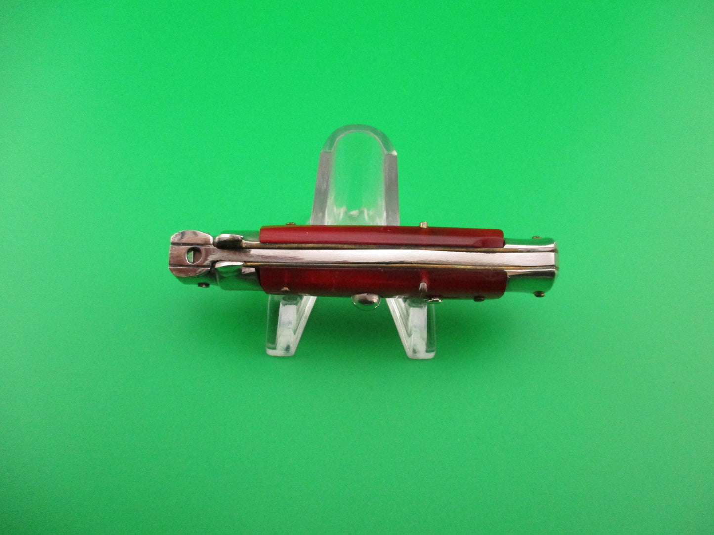 ROSTFREI 14cm Italian Swivel bolster D Stamped Red Shimmer automatic knife