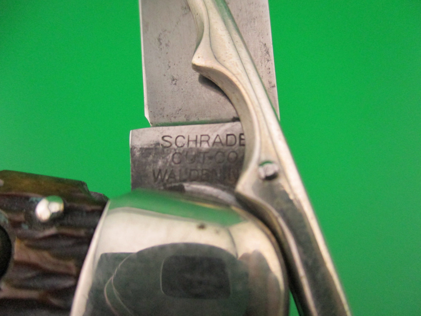 Schrade Cut Co Hunters Pride # G1543 3/4 bone ETCHED Folding guard switchblade knife