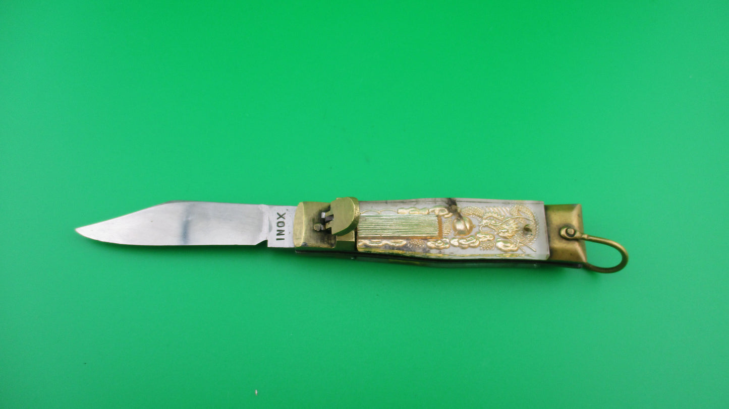 INOX Bullfighter small 14cm White Gold Vintage lever switchblade knife Mexican Souvenir