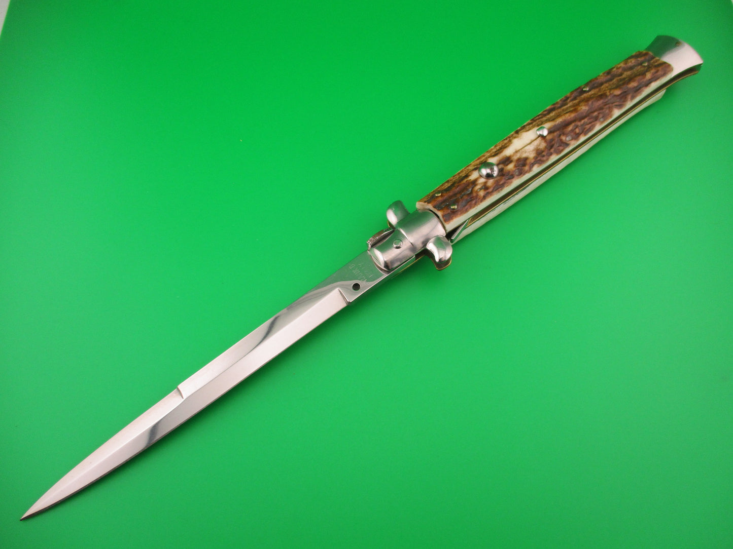 FRANK B 33cm Italian Stiletto Stag swivel bolster automatic knife
