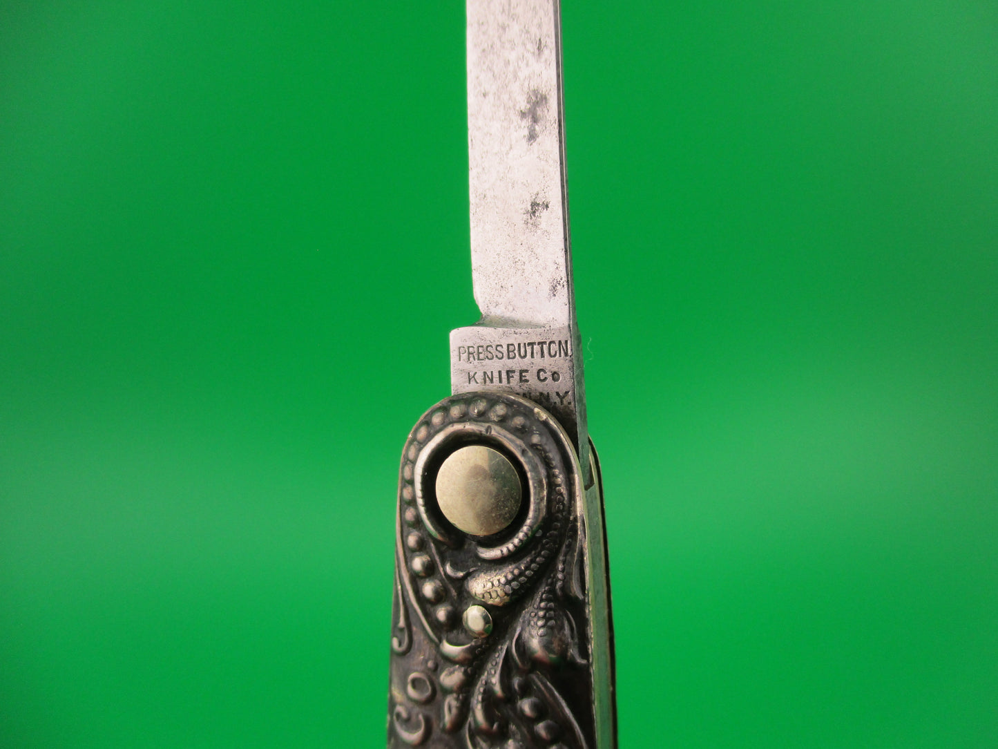 Press Button Knife Co Medium double Sterling Silver Satyr NY Home Insurance switchblade