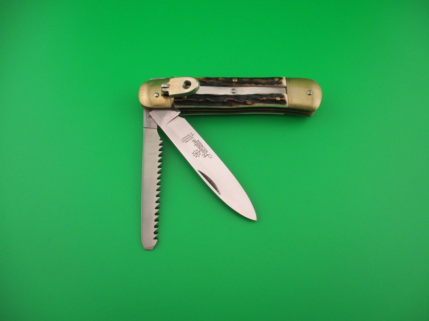 HUBERTUS SOLINGEN 11cm West German Lever Stag 2 blade Camper automatic knife