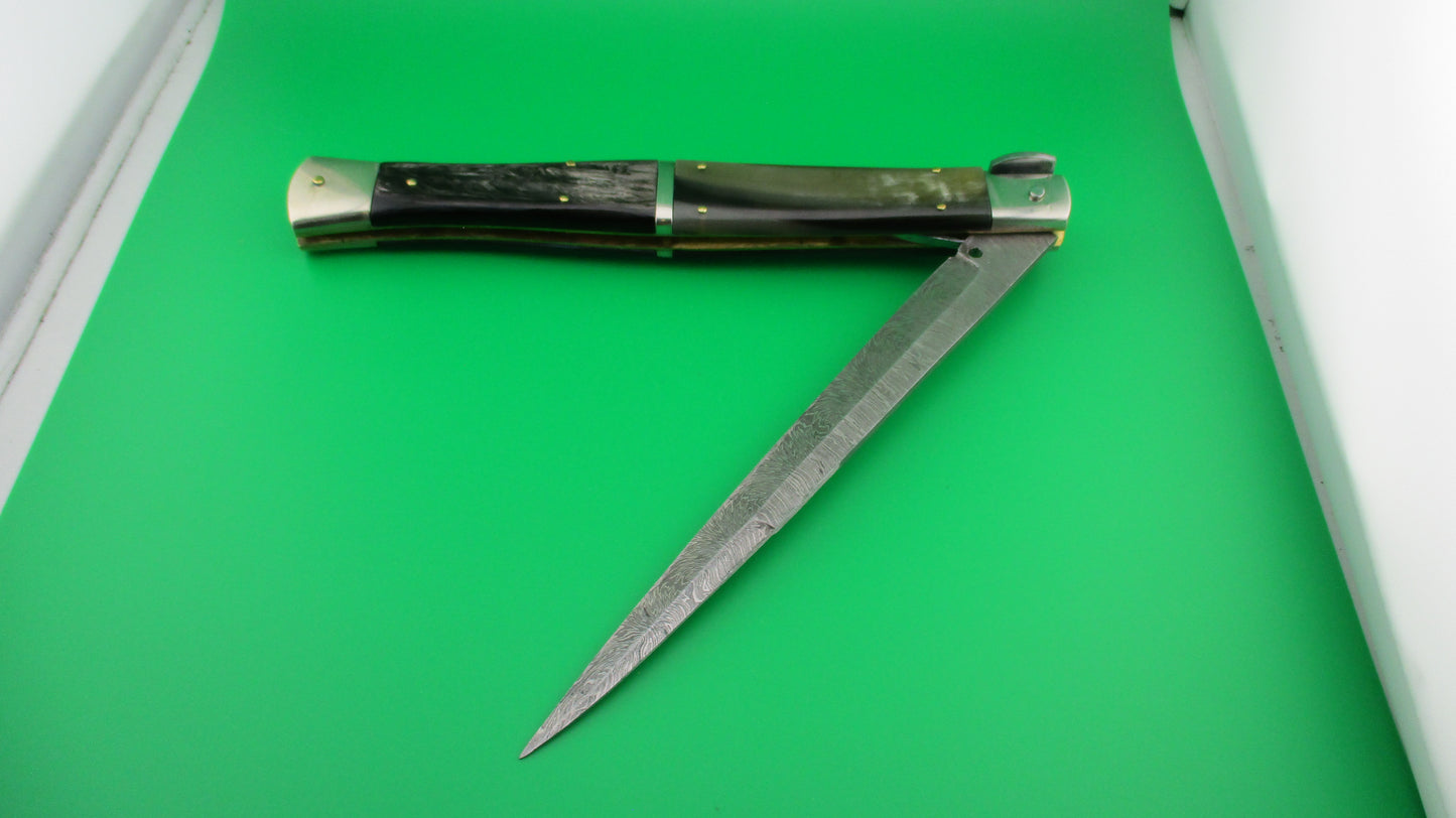 Renzo Pascotto 45cm Maniago Italy Damascus Wasp Brazilian horn Picklock automatic knife