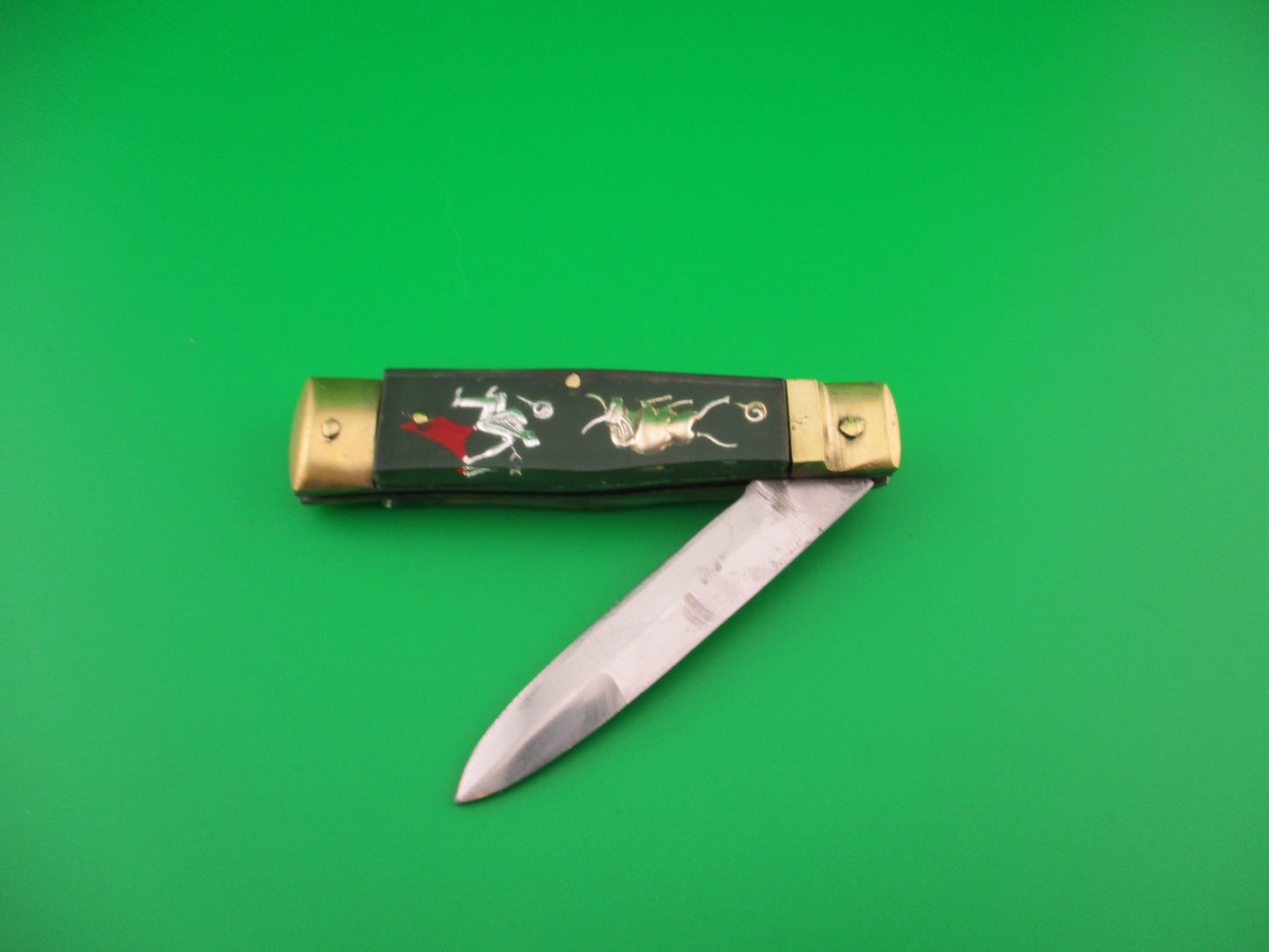 STAINLESS STEEL 17cm Japanese Bullfighter Green Bayonet blade brass lever switchblade