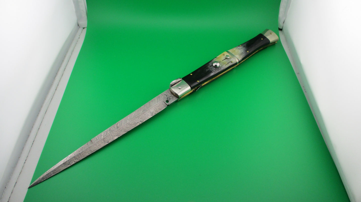 Renzo Pascotto 45cm Maniago Italy Damascus Wasp Brazilian horn Picklock automatic knife