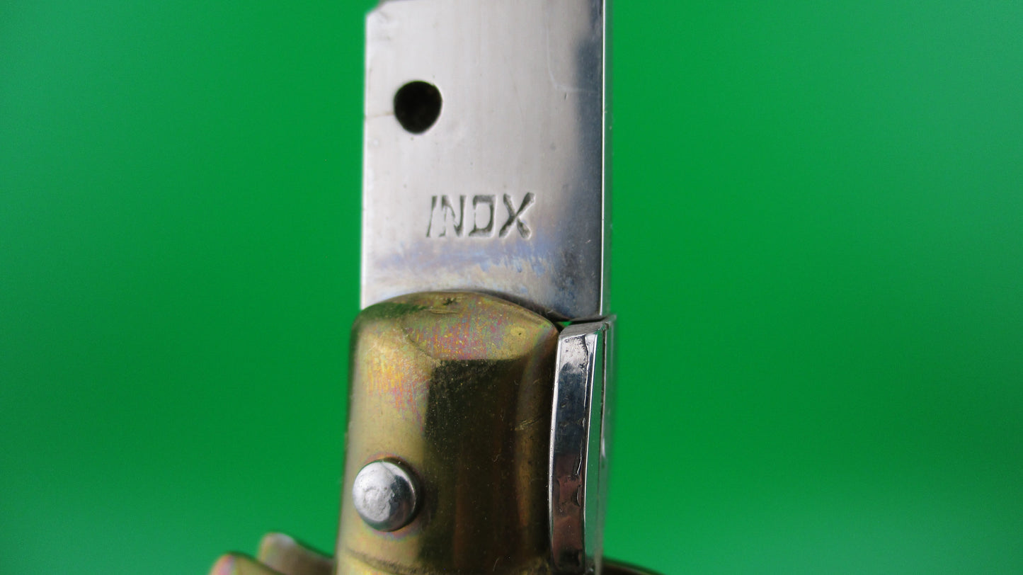 INOX ITALY STAINLESS 33cm Italian Stiletto Swivel bolster wood & brass bayonet switchblade