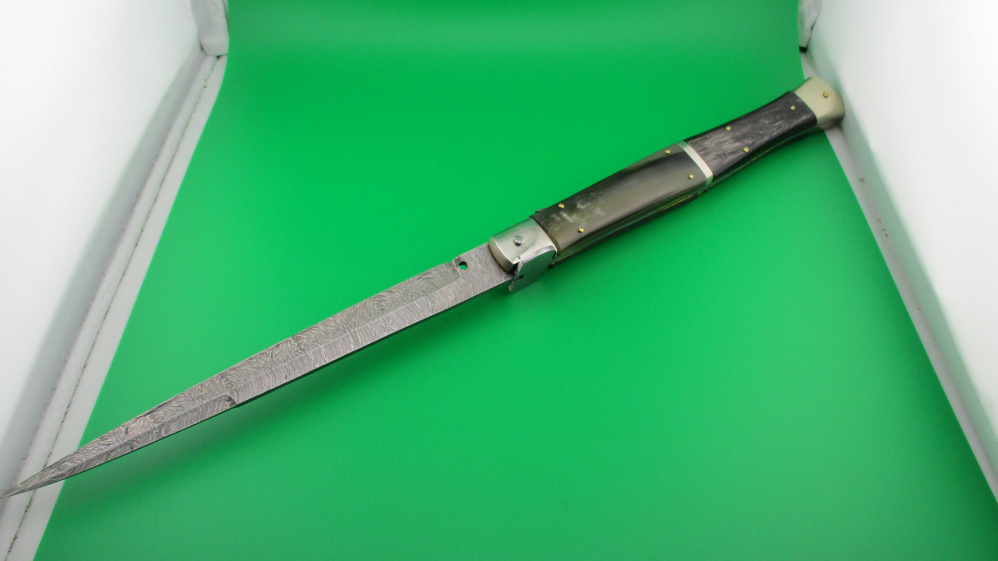 Renzo Pascotto 45cm Maniago Italy Damascus Wasp Brazilian horn Picklock automatic knife