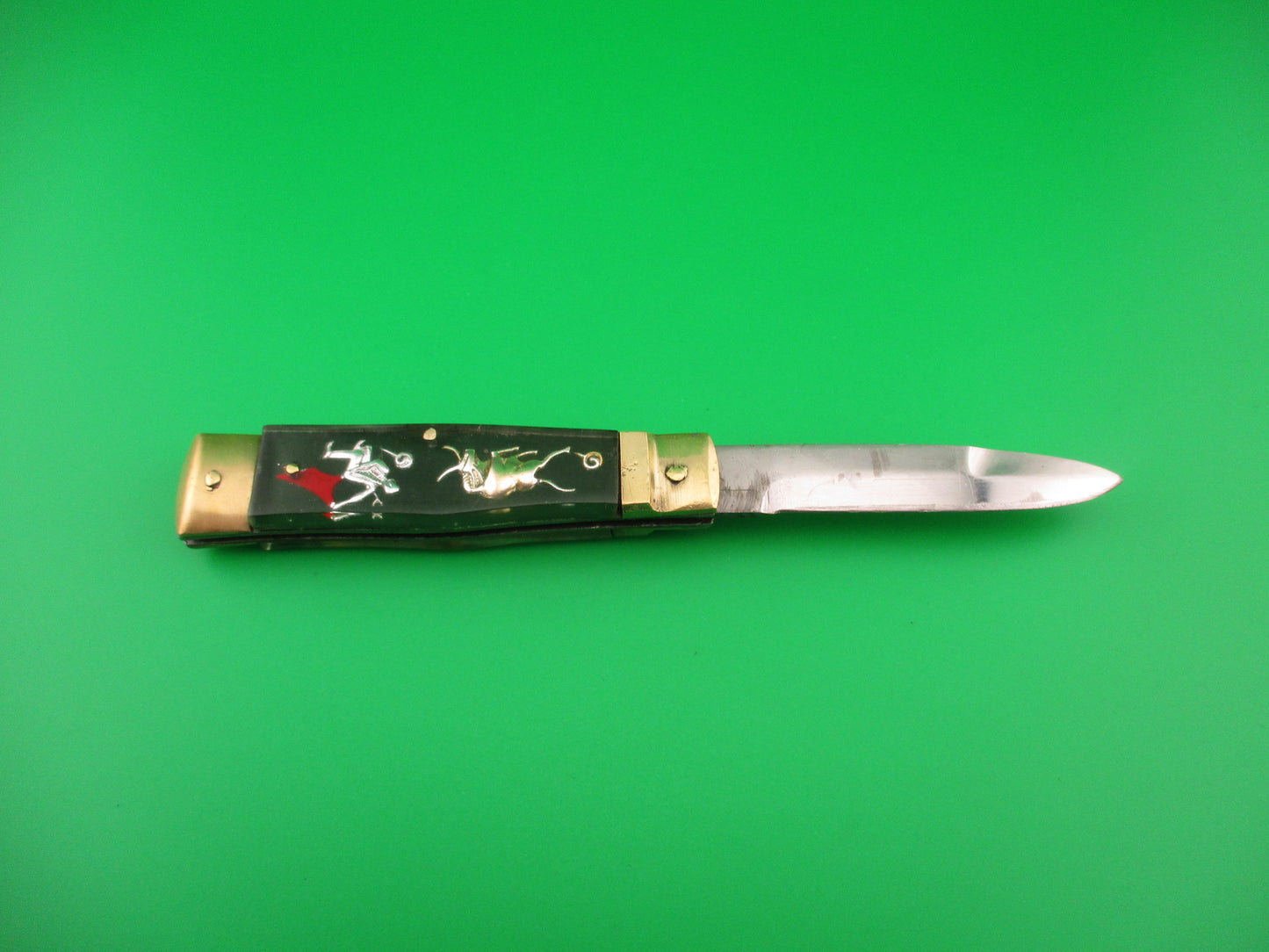 STAINLESS STEEL 17cm Japanese Bullfighter Green Bayonet blade brass lever switchblade