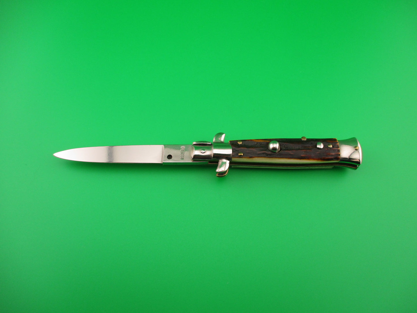 ROSTFREI 16cm Italian Stag stiletto Oreste Dibon swivel bolster automatic knife