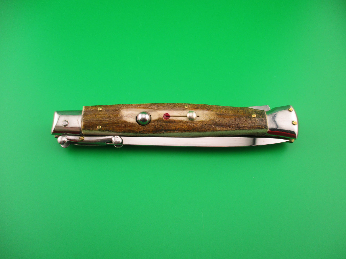 AKC ITALY 28cm Dagger Grind Stag Swing Guard lockback Red Dot automatic knife