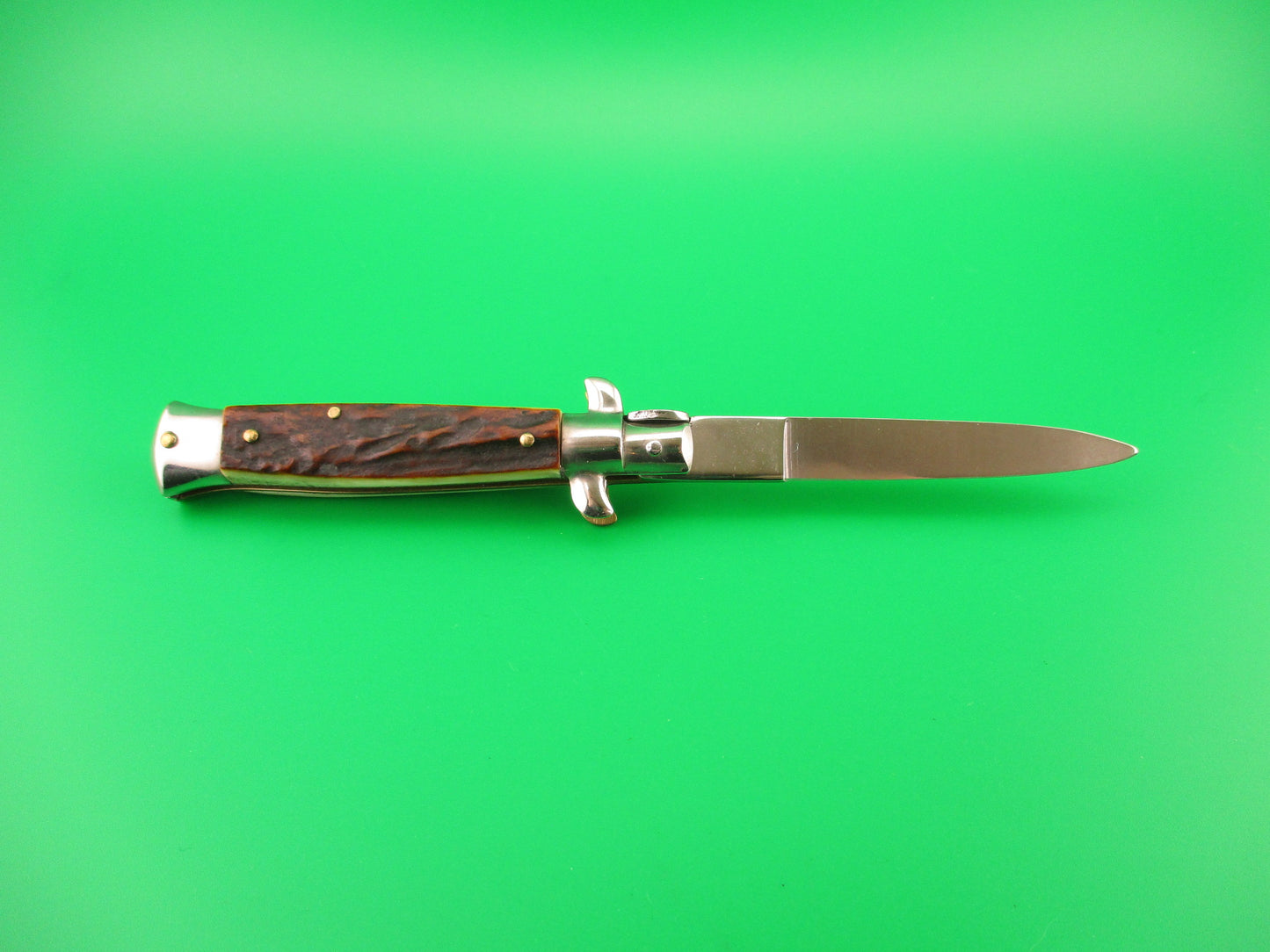 ROSTFREI 16cm Italian Stag stiletto Oreste Dibon swivel bolster automatic knife