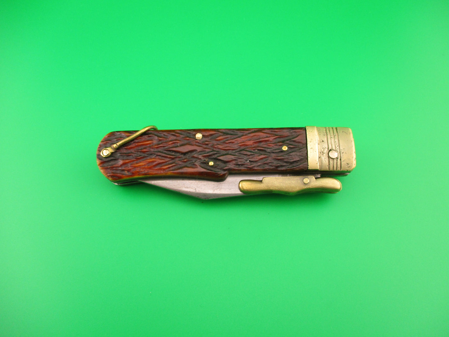 ELEX 20cm Japanese vintage Lever swing guard jigged bone & brass automatic knife