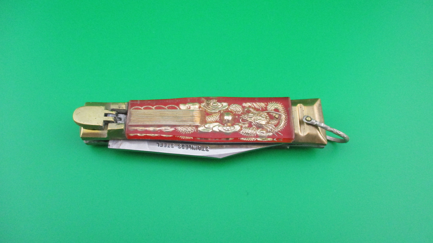 z STAINLESS STEEL Bullfighter 19cm Red Gold Vintage Mexican Souvenir lever switchblade