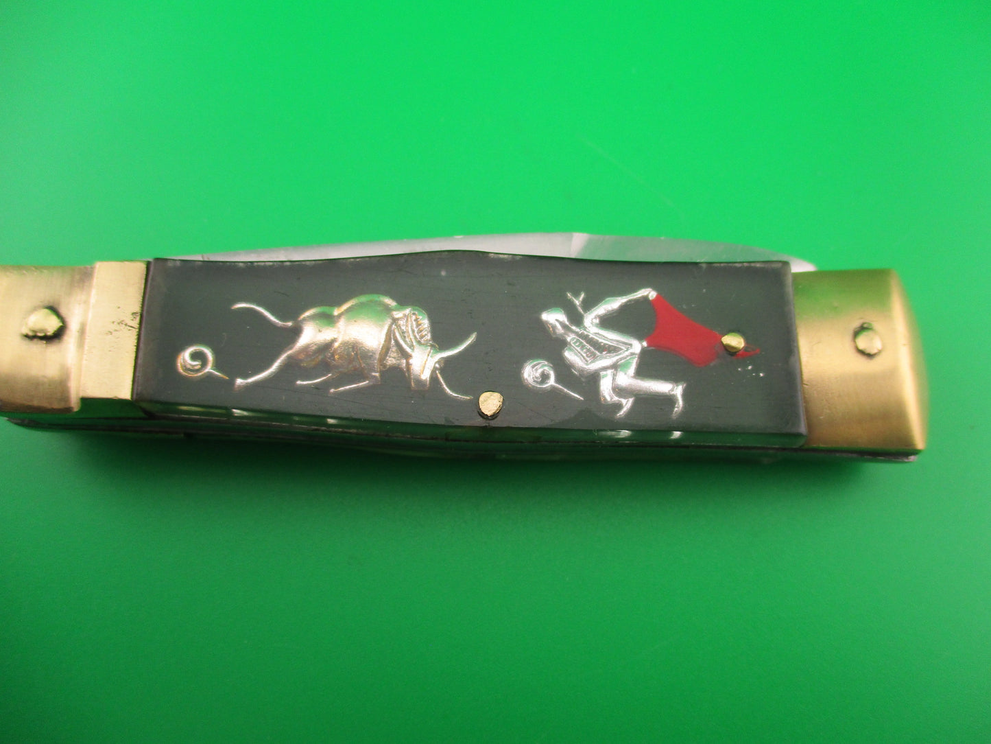 STAINLESS STEEL 17cm Japanese Bullfighter Green Bayonet blade brass lever switchblade