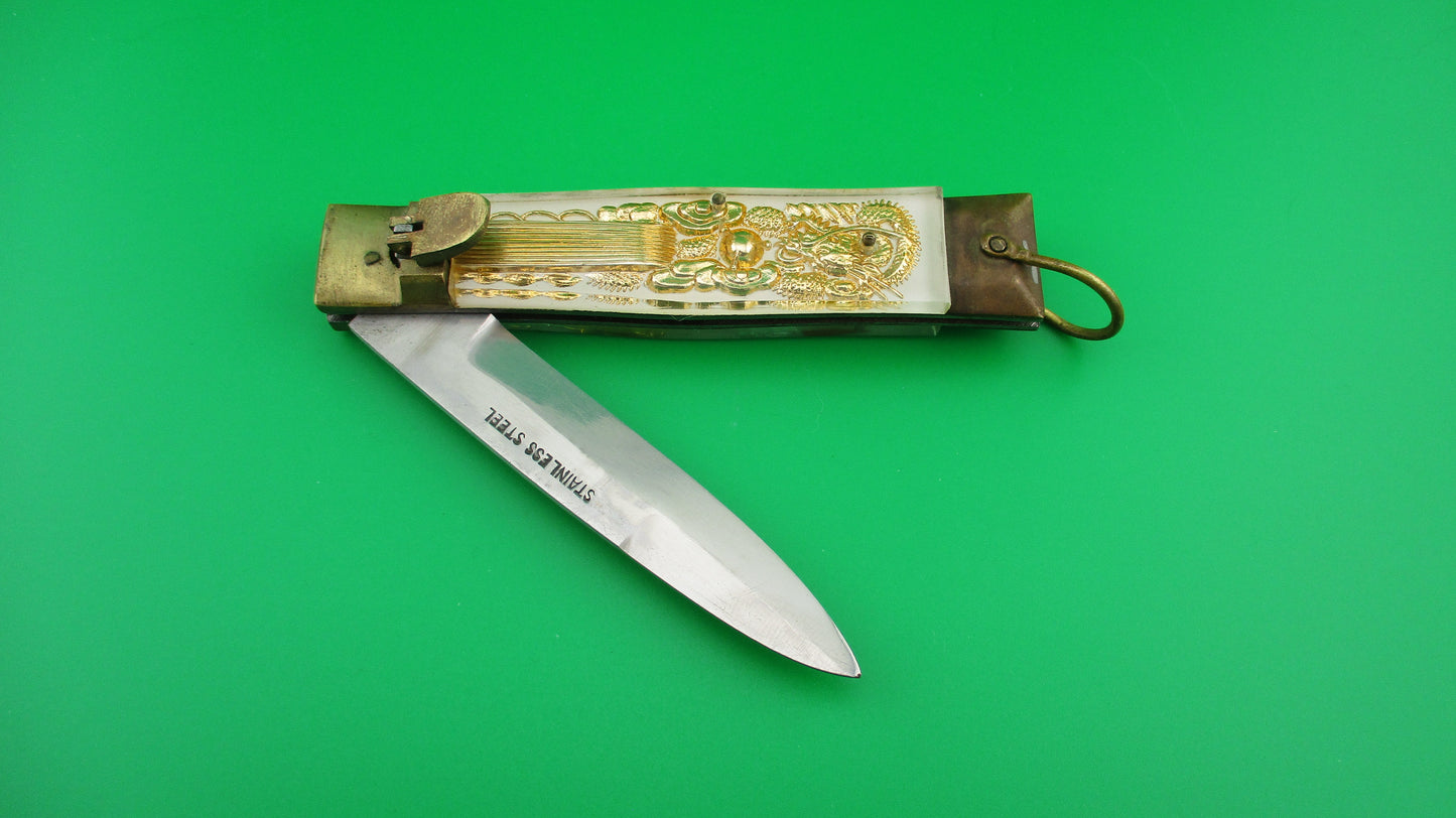 STAINLESS STEEL Bullfighter Dragon 19cm vintage Lever Bayonet White switchblade knife