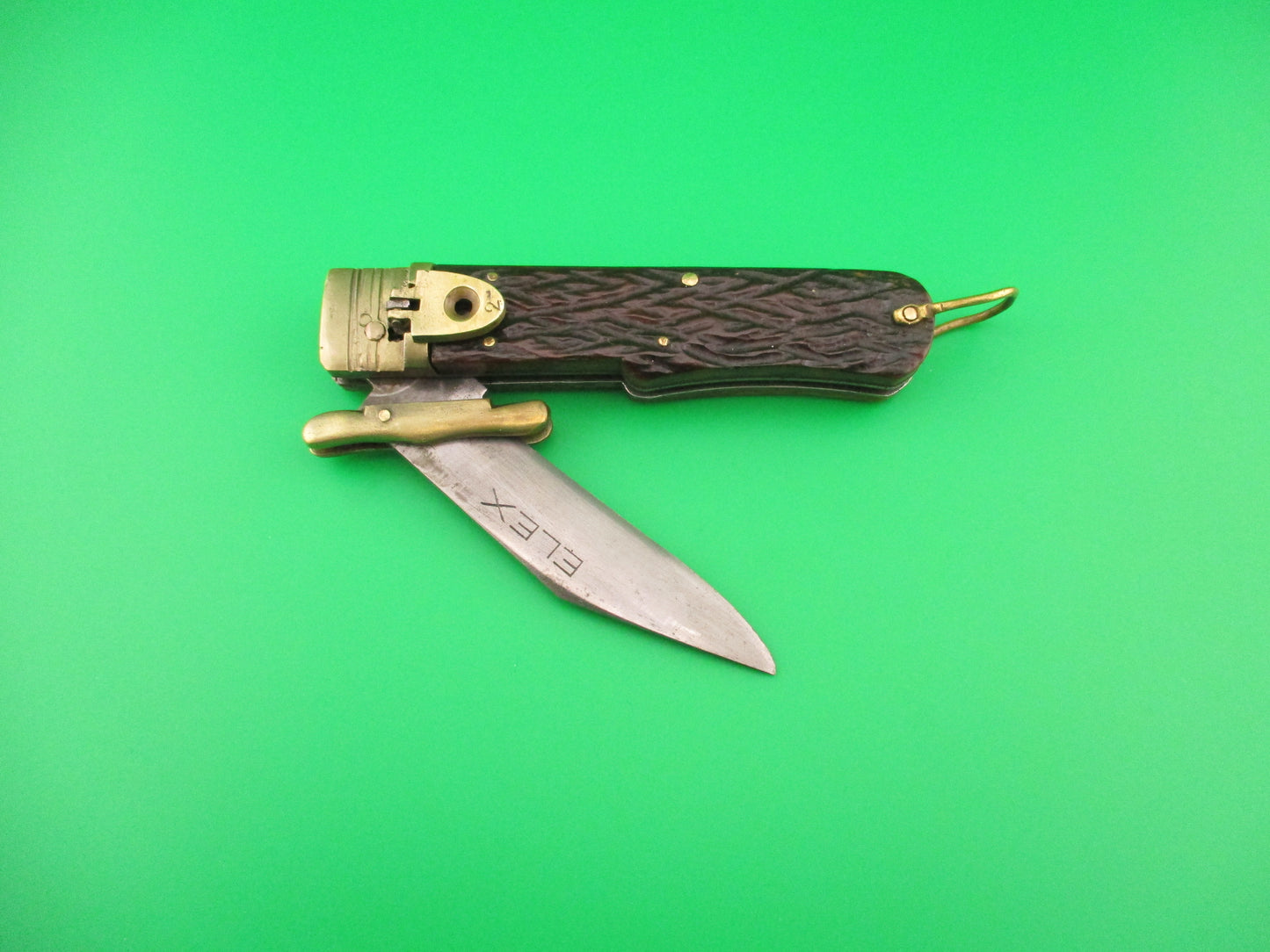 ELEX 20cm Japanese vintage Lever swing guard jigged bone & brass automatic knife