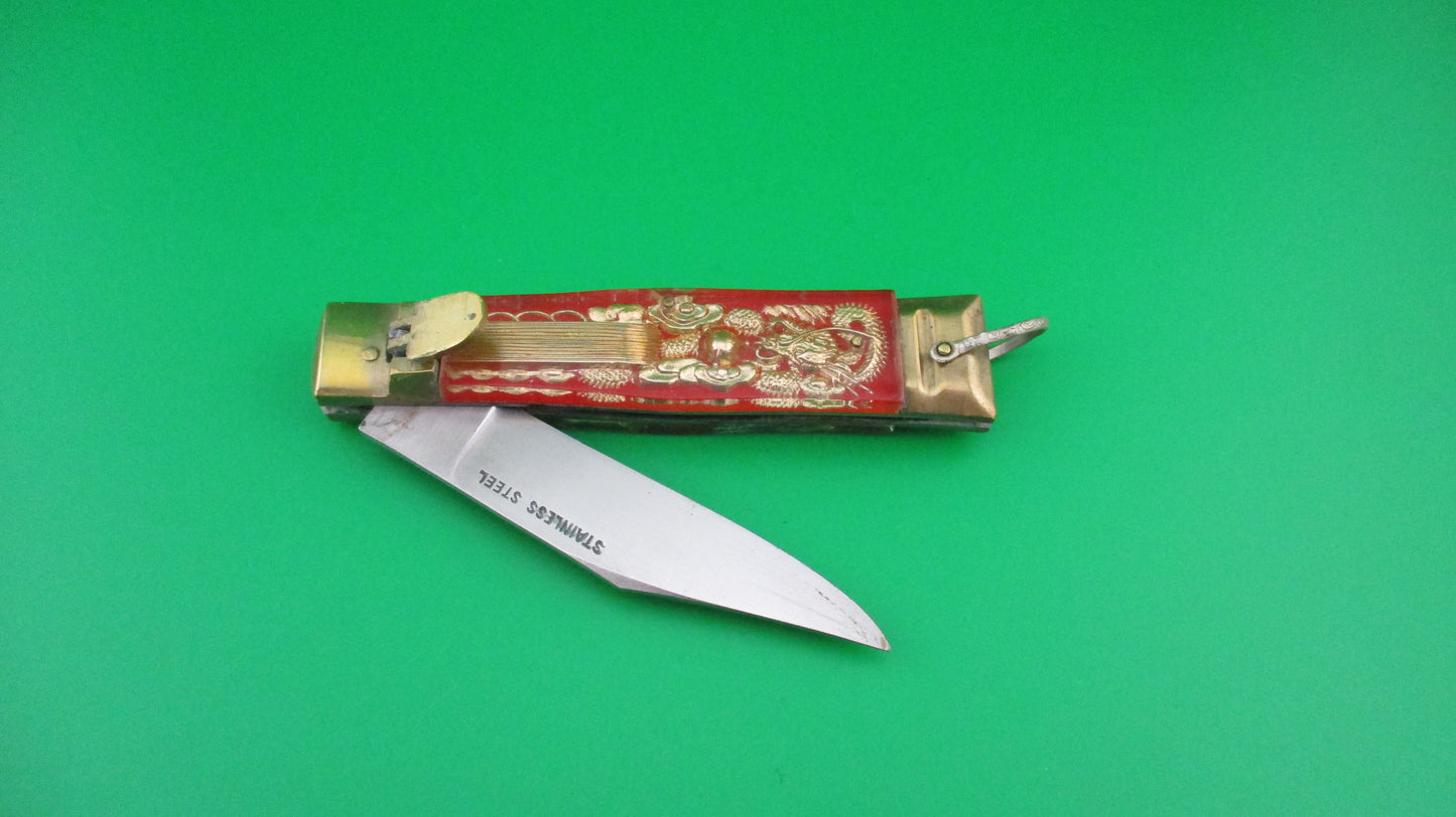 z STAINLESS STEEL Bullfighter 19cm Red Gold Vintage Mexican Souvenir lever switchblade