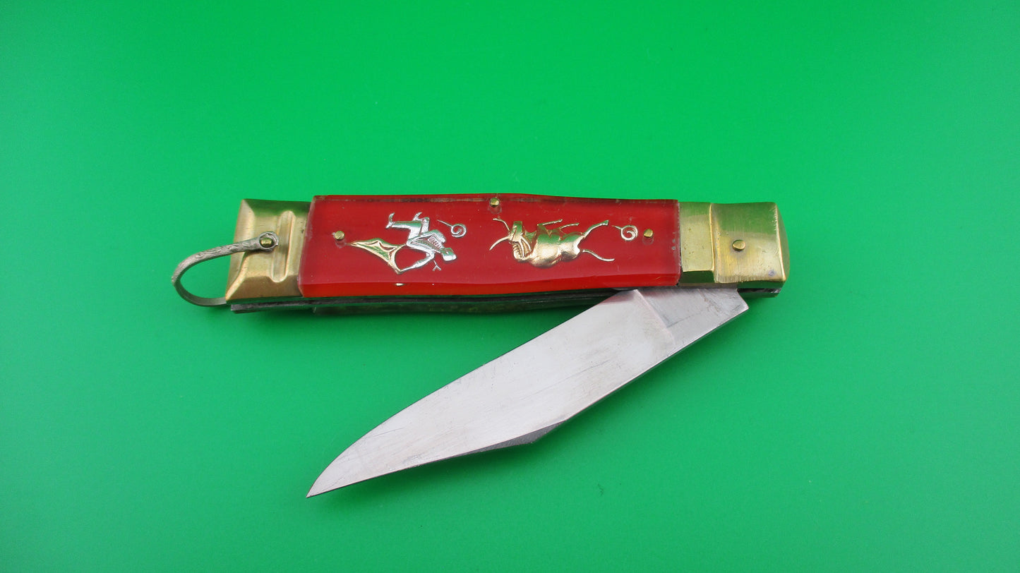 z STAINLESS STEEL Bullfighter 19cm Red Gold Vintage Mexican Souvenir lever switchblade